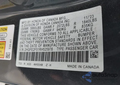 2024 Honda Civic Sport из США, поврежденный, VIN 2HGFE2F51RH525976